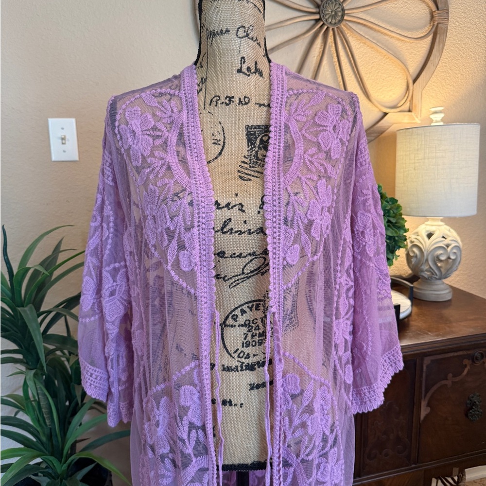 Forgotten Grace Vibrant Lavender Lace Embroidered Floral Sheer Kimono Duster - Picture 3 of 13